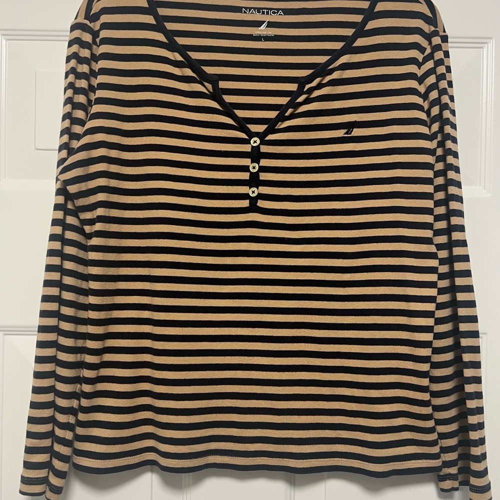 Nautica Women's Navy Blue and Tan Striped Long Sleeve Top